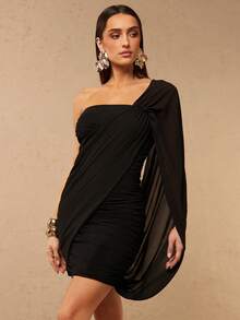 Silquee 女士黑色雪纺褶皱单肩迷你连衣裙，春夏款 - 黑色 - 查看 1