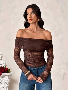 SHEIN Tall 性感透视蕾丝拼接露肩长袖T恤，浪漫情人节约会必备；女士性感褶皱透视常规袖露肩修身咖啡棕色纯色女式上衣；春秋季休闲日常穿着 - 咖啡棕 - 查看 2