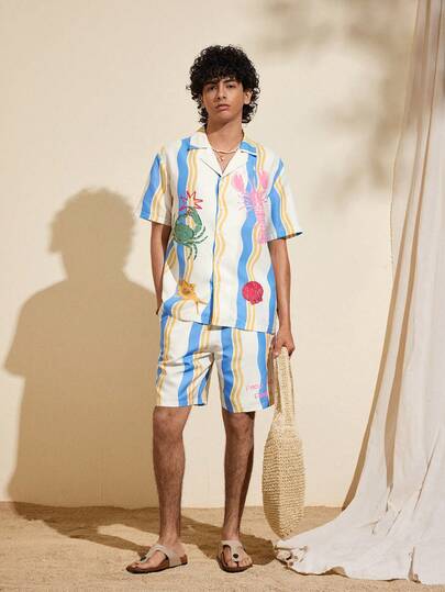 Felipe Marques Men's Ocean Animal Striped Print Short Sleeve Shirt And Shorts Set, Loose Casual Outfit For Spring/Autumn, Vacation, Island Party, Beach