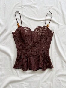 Soleia 春夏新款休闲度假西式海滩婚礼宾客礼服毕业早午餐女装，适合圣帕特里克节、春假、复活节、音乐节等场合，优雅波西米亚热带风情无袖上衣，饰有纹理串珠，露背系带设计，约会装 - 棕色 - 查看 3