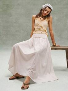 Bohemela 女士休闲纯色宽松梭织半身裙 - 杏色 - 查看 4