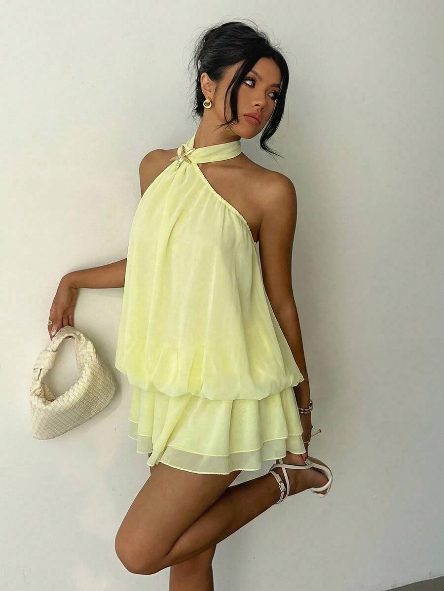 Aloruh 优雅性感纯色露背吊带迷你连衣裙，夏季