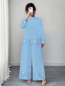 Elenzga Bộ đồ 2 món màu đen đính hạt thanh lịch dành cho người có vóc dáng lớn - Màu xanh lam - Xem 3