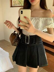 FRIFUL Women's Casual Pleated Waist Belt Denim Mini Skirt, Summer - Blue - View 5