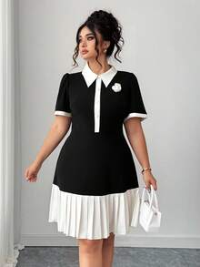 SHEIN CURVE+ Plus Size Summer Elegant Color Block Pleated Hem Dress - Black and White - View 5