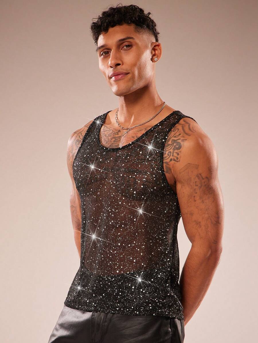 FeverCity Men's Mesh Sheer Glitter Round Neck Sleeveless Tank Top - Black - View 1
