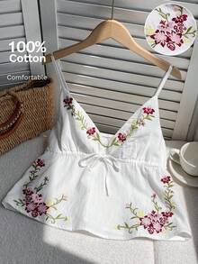 SHEIN EZwear Áo ba lỗ không tay thắt eo thêu hoa phong cách nghỉ dưỡng dành cho nữ - trắng - Xem 7