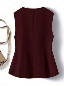 SHEIN Clasi Plus Size Women Elegant Refined Versatile Solid Color Single-Breasted Vest - Burgundy - View 2
