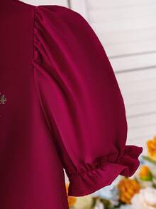 Bộ 2 món cho bé gái tuổi teen: áo tay cánh hoa in họa tiết và chân váy cài cúc bất đối xứng, trang phục thoải mái cho kỳ nghỉ xuân/hè. - Màu Đỏ Sâu - Xem 5