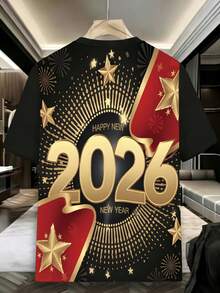 Manfinity 2026 新款男士印花T恤，闪亮星星印花，2026 新年衬衫，舒适彩色新年T恤，2026 新年T恤，新年快乐T恤节日礼物，送给兄弟姐妹的礼物，送给兄弟的礼物，送给爸爸的礼物，父亲节礼物，休闲简约时尚上衣 - 黑色 - 查看 2