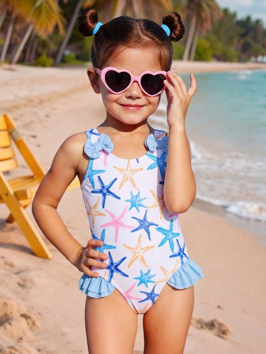 New Girls One-Piece Swimsuit, Lemon Print Ruffled Strap Bikini, Cute Style - Multicolor - View 1