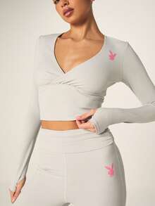Missguided x Playboy Solid Long Sleeve Wrap Front Top With V Neck And High Waisted Full Length Leggings Matching Set With Pink Bunny Logo - Grey - View 3