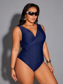 Shapewave Bộ đồ bơi liền thân cạp cao, màu trơn, ôm dáng, tôn dáng, dành cho kỳ nghỉ hè 2026, cỡ lớn, thích hợp cho bãi biển. - Màu xanh hải quân - Xem 4