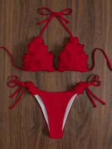 Swim Mod Bộ bikini buộc dây cổ màu trơn gợi cảm dành cho nữ, thích hợp cho mùa hè đi biển. - Đỏ - Xem 6