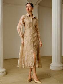ZEYLAH Vestido de tela con recortes, romántico, fluido y elegante para el té de la tarde - Albaricoque - Ver 4