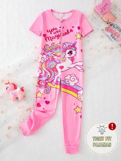 Girls Toddler Rainbow Unicorn & Heart Print Pink Short Sleeve Zipper Jumpsuit Romper Pajamas