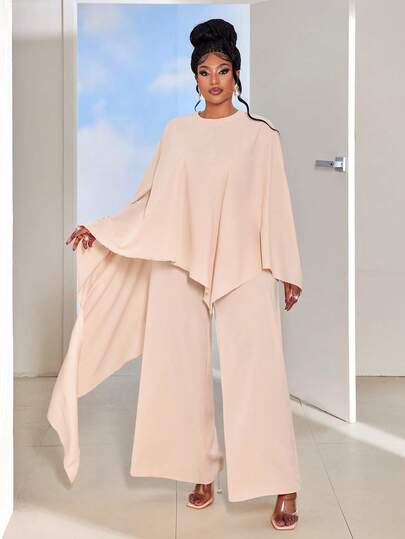 Maweii 大码简约垂褶斗篷式优雅时尚舒适日常阔腿裤两件套