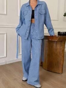 DAZY Bộ đồ denim nữ dáng rộng, thoải mái, phong cách thu đông mới, chất liệu denim bạc màu, cạp chun. - Rửa nhẹ - Xem 3