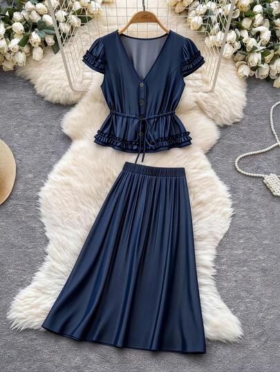 GlowEve CURVE Plus Size Summer Casual Solid Color Shirt And Skirt 2 Pieces Set