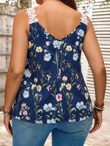 EMERY ROSE Plus Size V-Neck Floral Print Tank Top,Navy Blue Summer Boho Vacation Holiday Casual Summer Tops For Women Festival Office Wear - Navy Blue - View 2