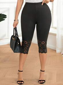 Miaspire 大码女式黑色高弹镂空花卉七分紧身裤 - 深灰色 - 查看 5