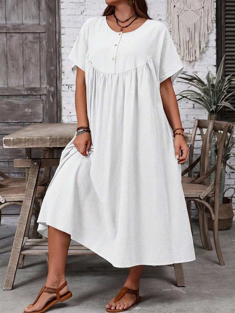 Plus Size Women's Solid Color Round Neck Short Sleeve Button Half Placket Casual Loose Dress