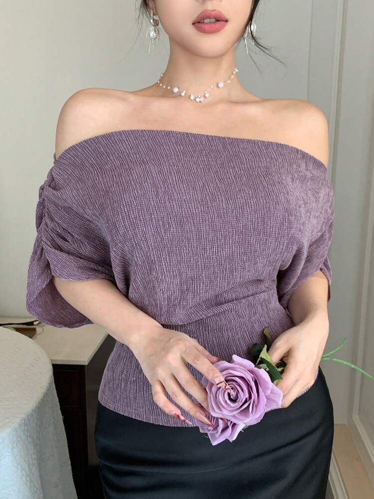Women's Solid Color Batwing Sleeve Ruched Fashion T-Shirt Summer