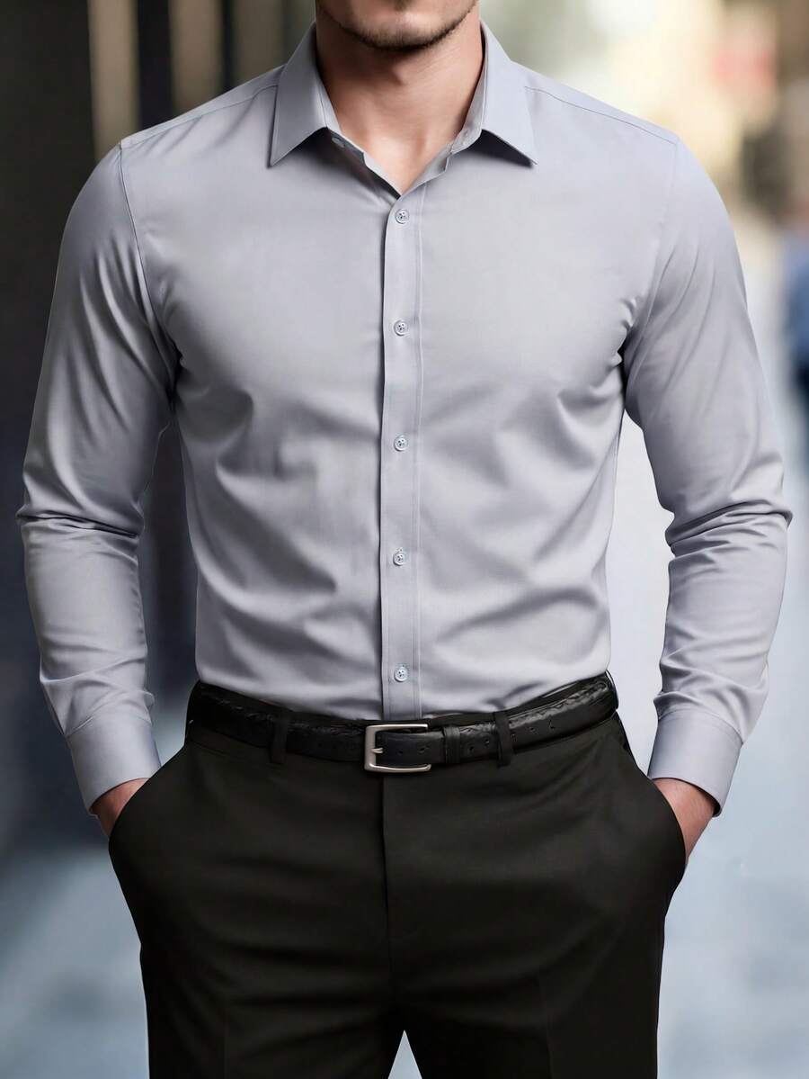 Manfinity Mode 2026年男士灰色商務休閒襯衫,彈性冰絲修身長袖鈕扣式,對比袖口設計,適合辦公室、秋冬春季正式場合、儀式 - 淺灰色 - 查看 1