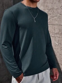 Manfinity Homme Camiseta de manga larga casual y versátil de cuello redondo de unicolor para hombres - Neblina azul - Ver 3