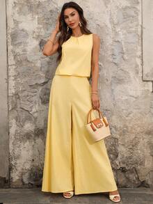 Ellevyn Women's Elegant Loose Camisole & Wide Leg Pants Gold Foil Printed 2 Pieces Set, Suitable For Wedding, Party Vacation Outfits Women - Yellow - View 7