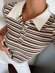 DAZY 女士半拉链插肩短袖休闲条纹T恤，夏季 - 白色 - 查看 4