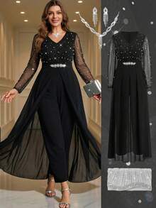 Ellevyn Bộ jumpsuit dài tay cổ chữ V dáng thanh lịch dành cho người có thân hình đầy đặn, phối lưới. - màu đen - Xem 9