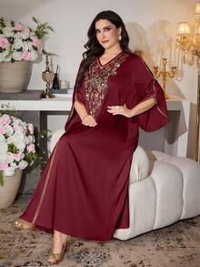 Al Najma 优雅V领喇叭袖连衣裙，适合春夏穿着 - 酒紅色 - 查看 6