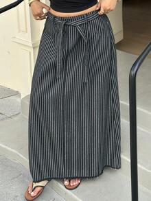 Dazy Plus 休闲条纹A字中长牛仔裙，松紧腰设计，春夏款 - 黑色 - 查看 8