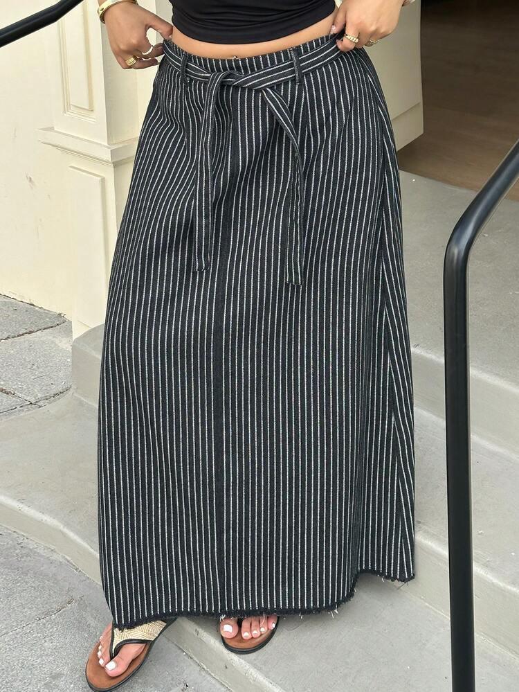 Dazy Plus Casual Striped A-Line Midi Denim Skirt With Elastic Waist, Spring/Summer