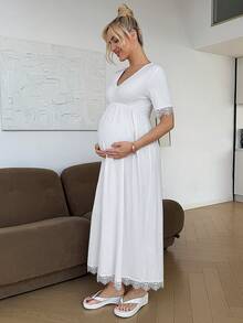 SHEIN Maternity Casual V-Neck Lace Patchwork Dress - White - View 12