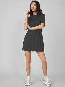 SHEIN BASICS Casual Solid Color Short Sleeve Dress, Summer Basic Tees Women, T Shirt Dress Summer Dresses - Dark Grey - View 8