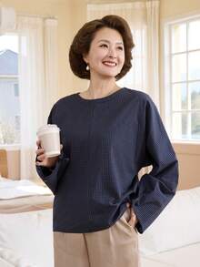 Livesso Women's Loose Plaid Batwing Sleeve Shirt - Blue - View 5