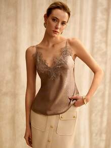 MOTF PREMIUM TOP DE TIRANTES ELEGANTE CON APLICACIÓN DE ENCAJE PARA MUJER, VERANO - Marrón - Ver 5