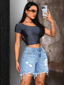 SHEIN Tall Women's Casual Distressed Frayed Hem Denim Shorts - Light Wash - View 6