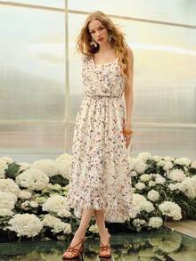 MOTF PREMIUM 女士浪漫印花不对称领连衣裙，春夏款 - 杏色 - 查看 5