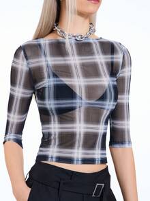 COUREZ Quarter Length Sleeve Check Mesh Top/Y2K Spring Clothes For Women Cute Sexy Tops Going Out Outfits Party Rave Tops Elegant Long Sleeve Tops Summer Outfits Summer Tops - Black and White - View 8