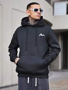 Devon Thys 男士套头连帽衫，带抽绳，宽松版型，文字印花设计，适合秋冬季节，长袖上衣 - 黑色 - 查看 2