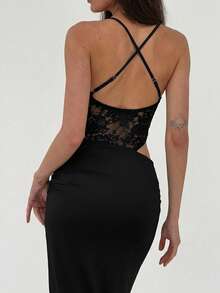 Aloruh Women's Sexy Spaghetti Strap Deep V Lace Patchwork Dress, Spring/Summer,Summer Dresses For Women - Black - View 2