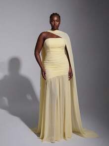 Elitara 大码优雅奶油黄雪纺露背连衣裙（亮片可拆卸），胸前荷叶边，网纱鱼尾裙摆，适合情人节、约会、度假、婚礼、伴娘等场合 - 黃色 - 查看 8