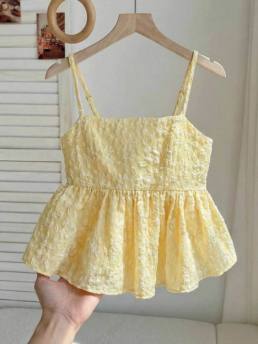 SHEIN Tween Girl Casual Vacation Woven Floral Textured Camisole Top With Ruffle Trim, Light Yellow - Yellow - View 1