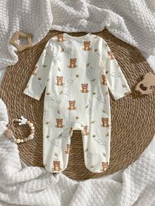 Loomiva Newborn Baby Girl Cartoon Bear Pattern Knitted Soft Round Neck Long Sleeve Romper - Multicolor - View 2