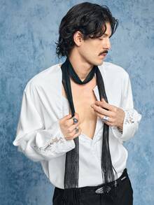 ROMWE MEN Street Life Men's V-Neck Contrast Lace Long Sleeve Fashionable Shirt - White - View 7