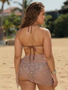 Swim Vcay 3pcs Tropical Leaf Print Swimsuit Set - Padded Halter Bikini Top + Tie-Front Wrap Skirt, Beach Vacation Style - Apricot - View 2