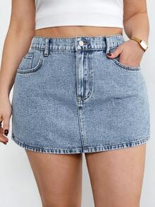 SHEIN CURVE+ 大码纯色蝴蝶结刺绣口袋休闲牛仔裙 - 淺色水洗藍 - 查看 2